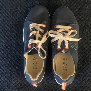 Vionic Navy Sneakers with Cream Laces and Orange Eyelets